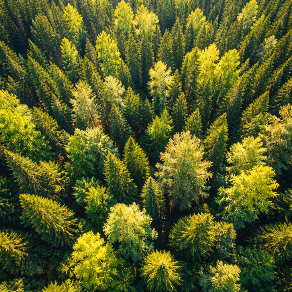 Luftaufnahme eines dichten Nadelwalds